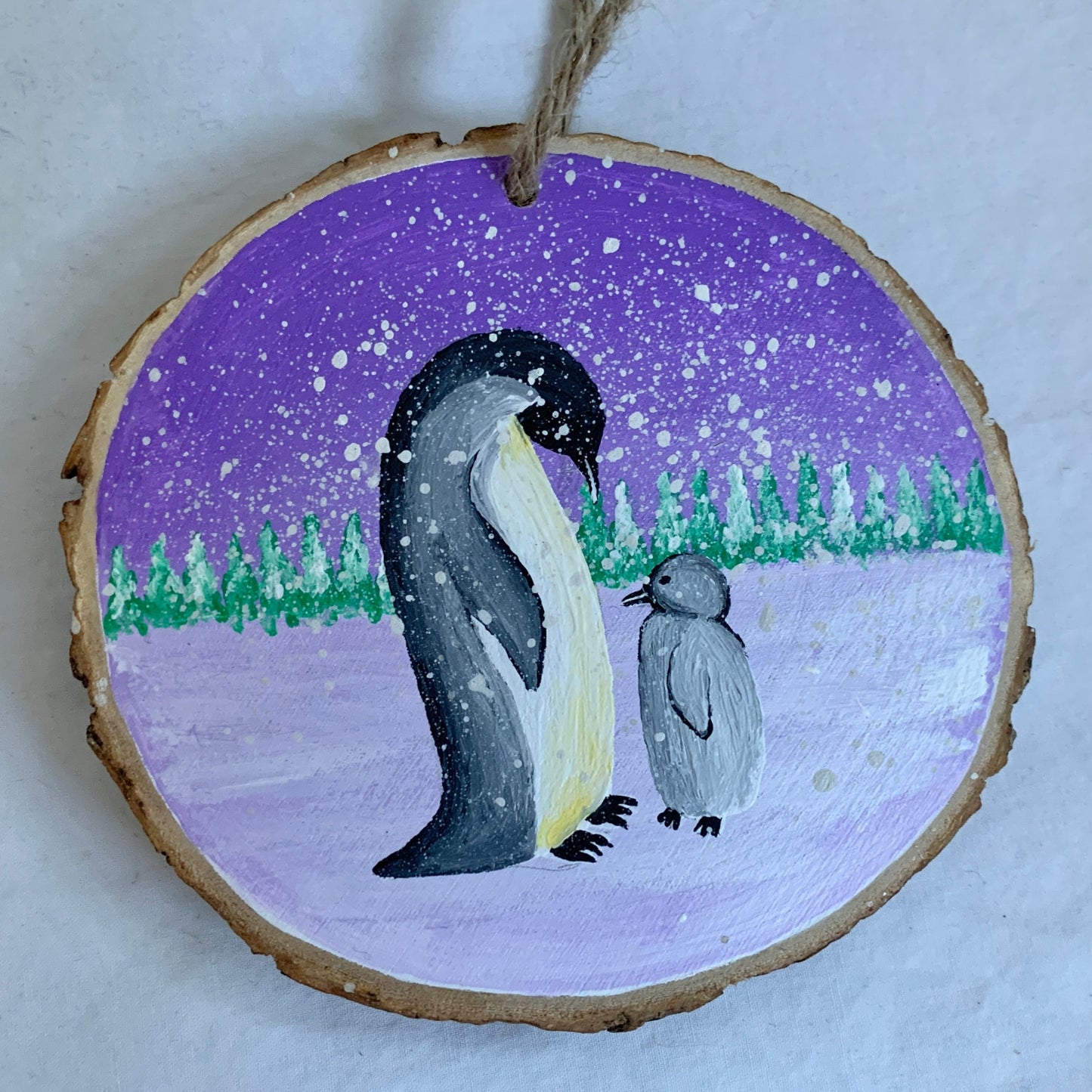 Penguin Christmas Decoration, Hanging Wood Slice