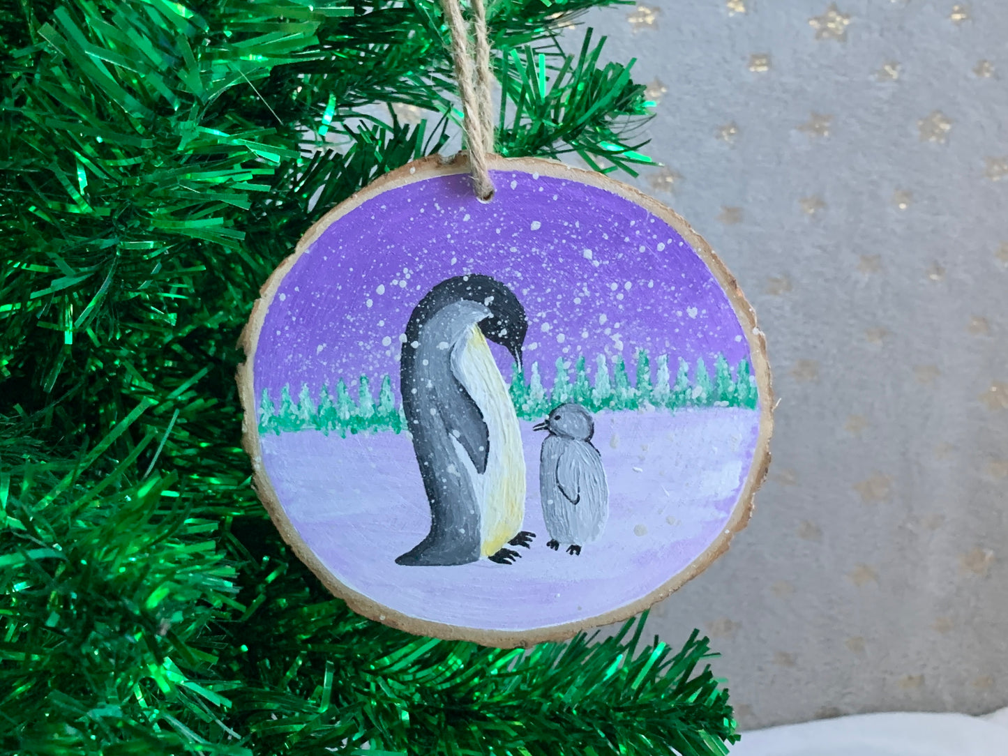 Penguin Christmas Decoration, Hanging Wood Slice