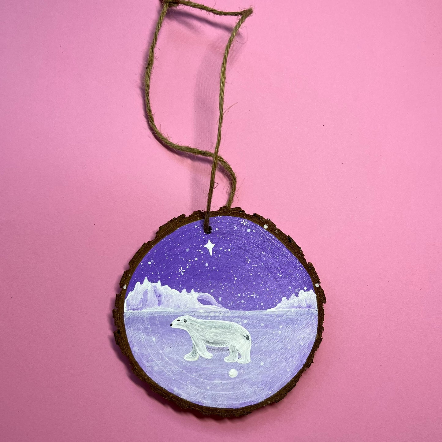 Polar Bear Christmas Decoration, Hanging Wood Slice