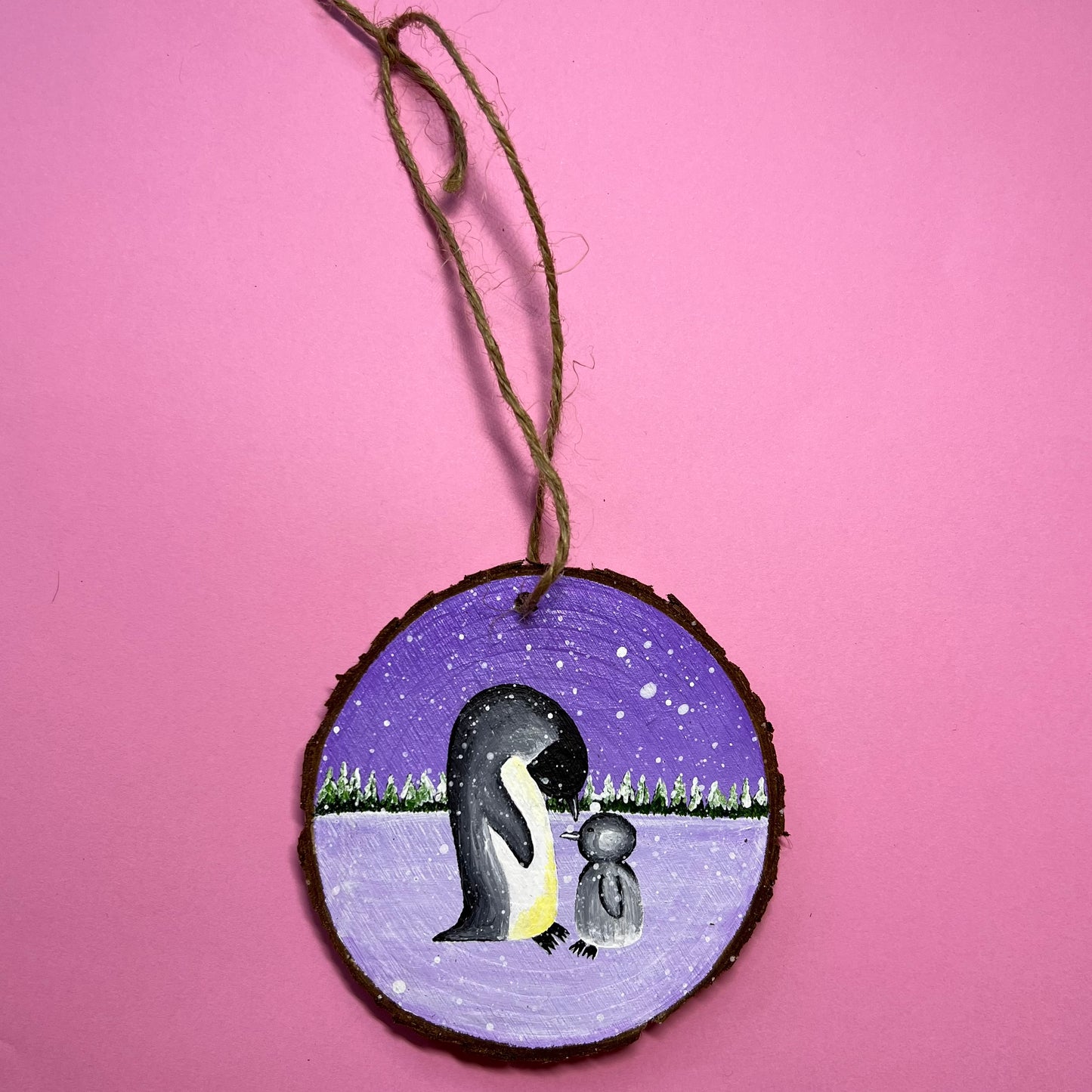 Penguin Christmas Decoration, Hanging Wood Slice