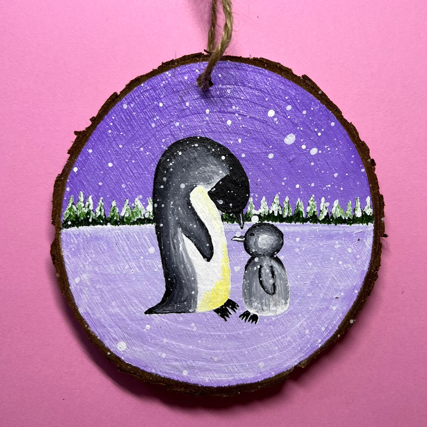 Penguin Christmas Decoration, Hanging Wood Slice