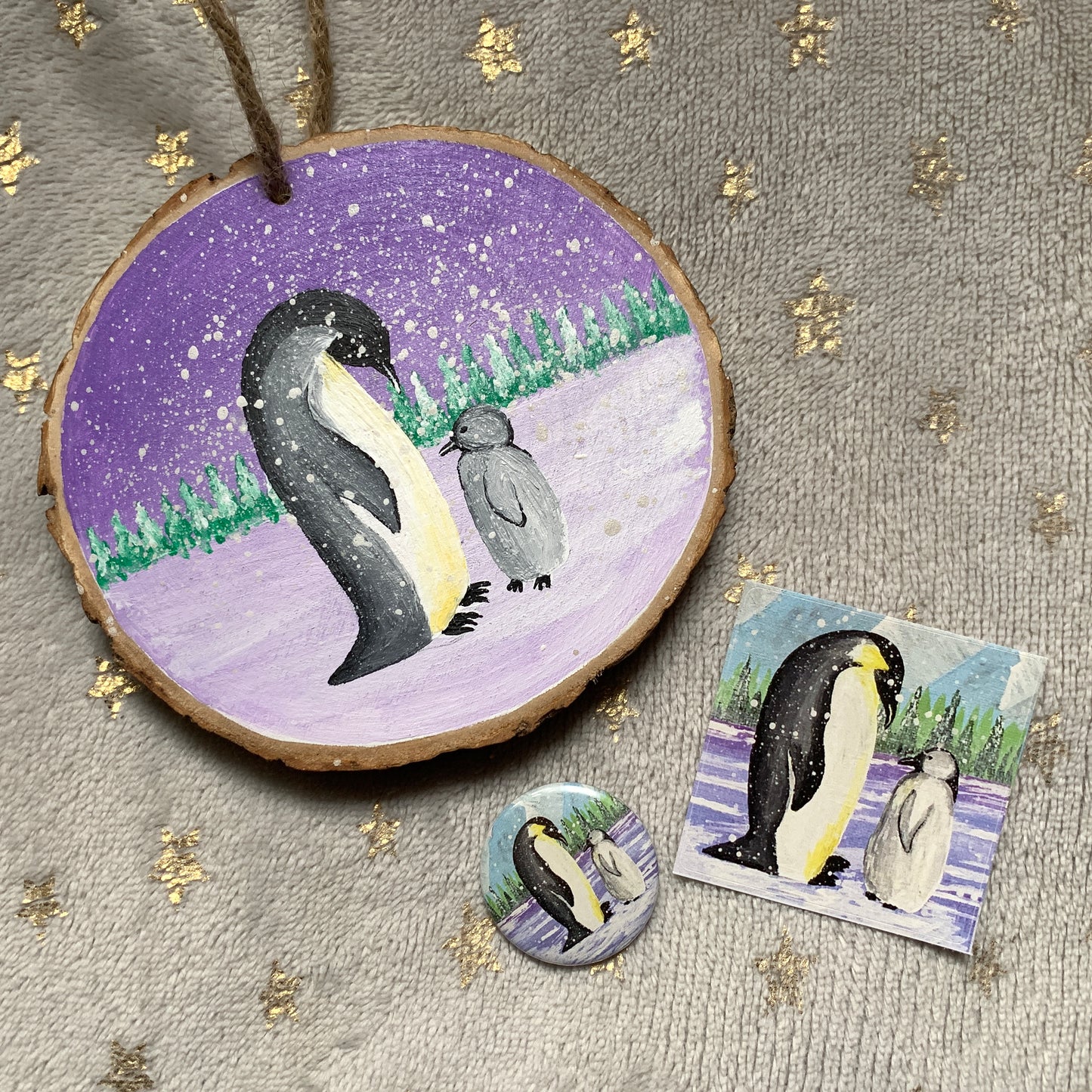Penguin Christmas Bundle, Wood Slice, Christmas Card, Button Badge & Sticker