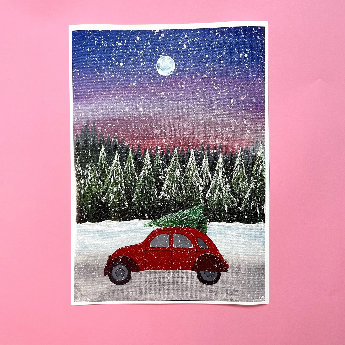 Red Car Christmas Art Print, Christmas Wall Art