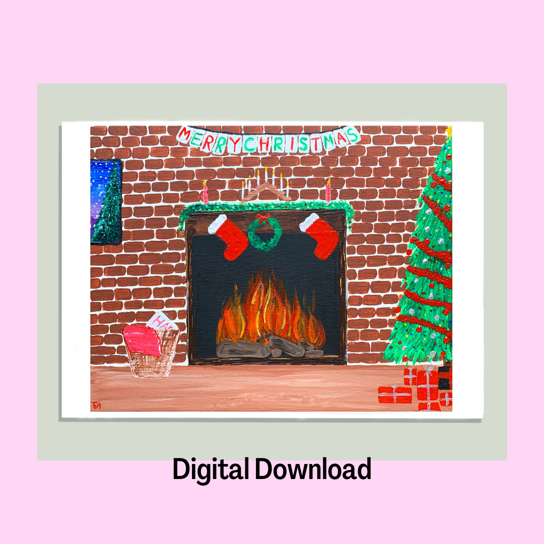 Christmas Fireplace Art Print, Digital Download