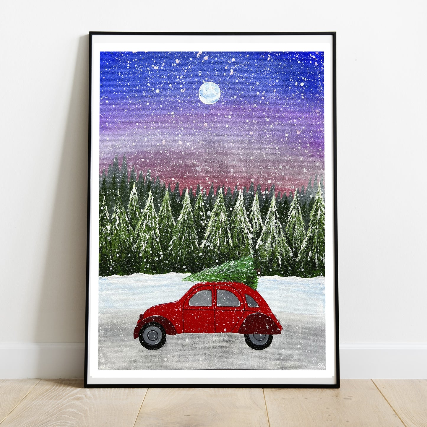 Red Car Christmas Art Print, Christmas Wall Art