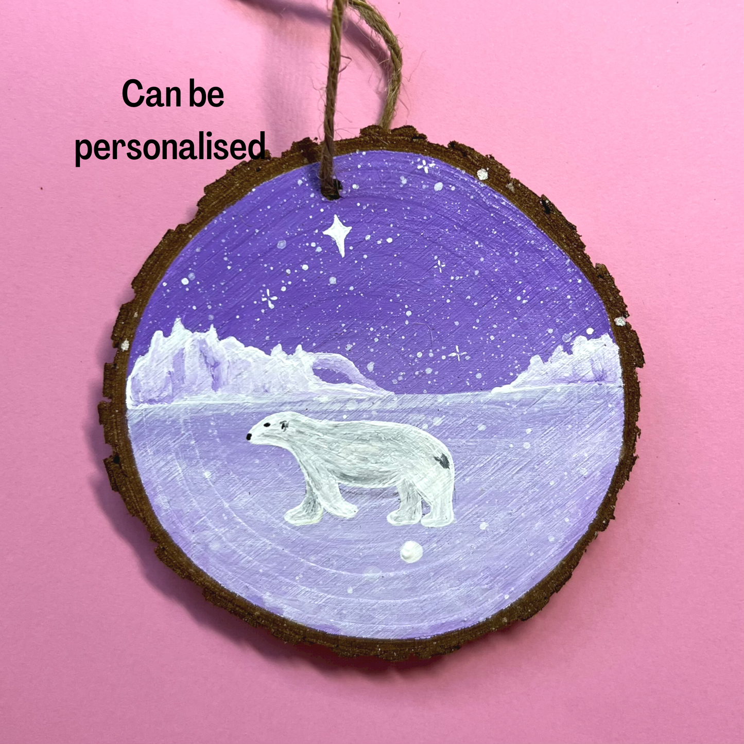Polar Bear Christmas Decoration, Hanging Wood Slice