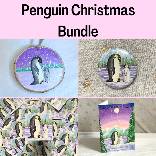 Penguin Christmas Bundle, Wood Slice, Christmas Card, Button Badge & Sticker