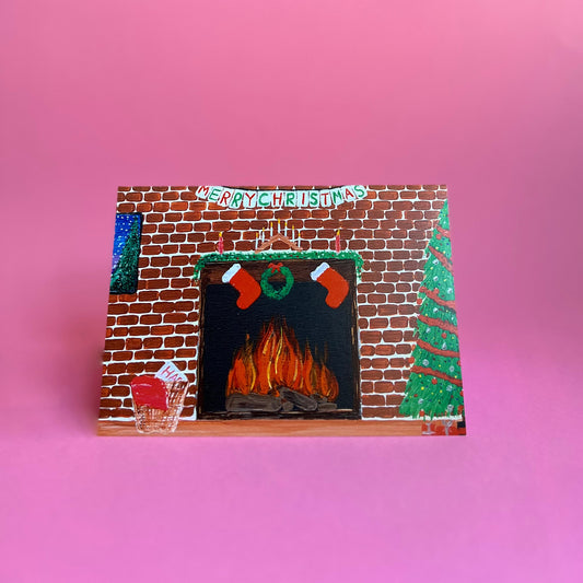Fireplace Christmas Card, Acrylic Painting Card