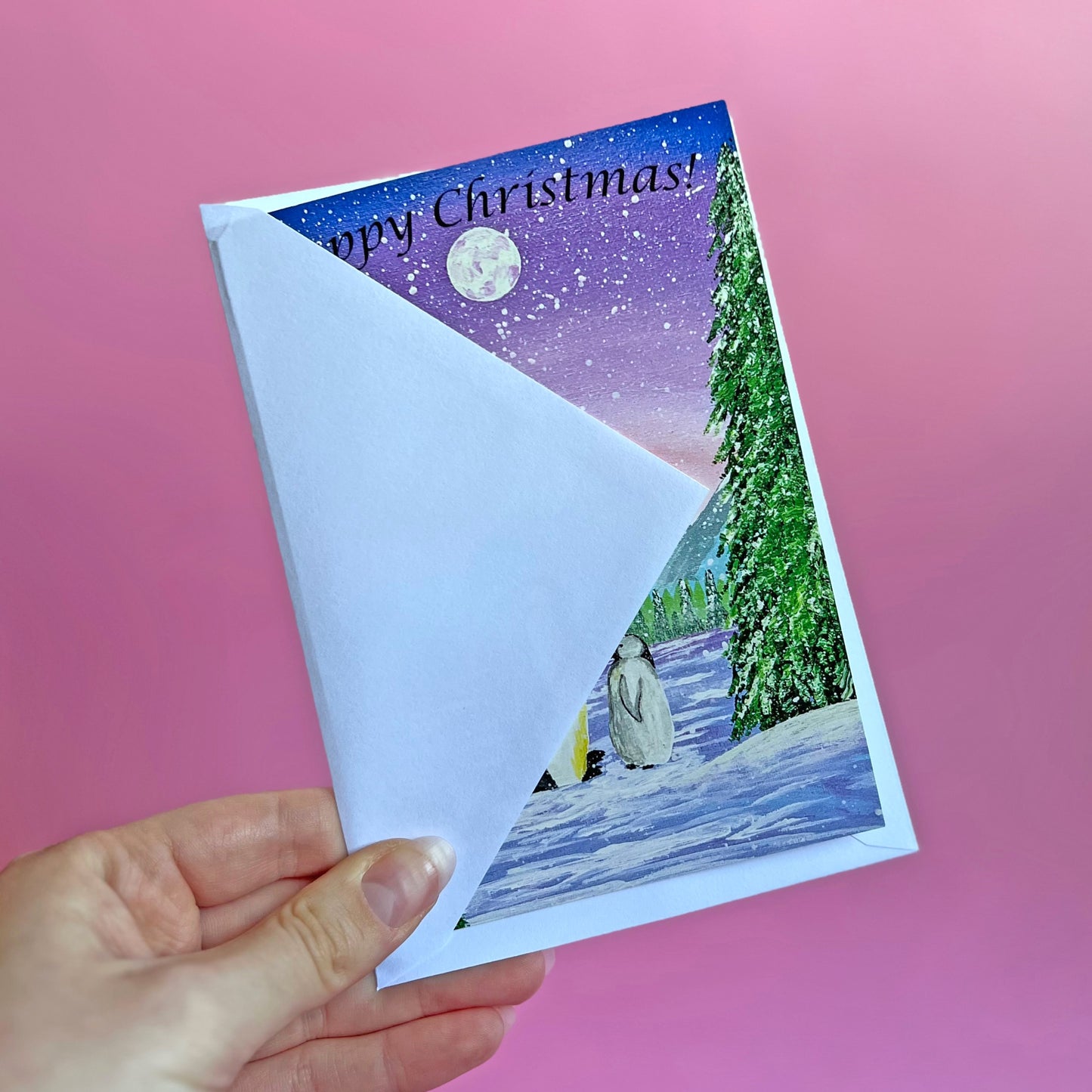 Penguin Christmas Card, Acrylic Painting Christmas Card