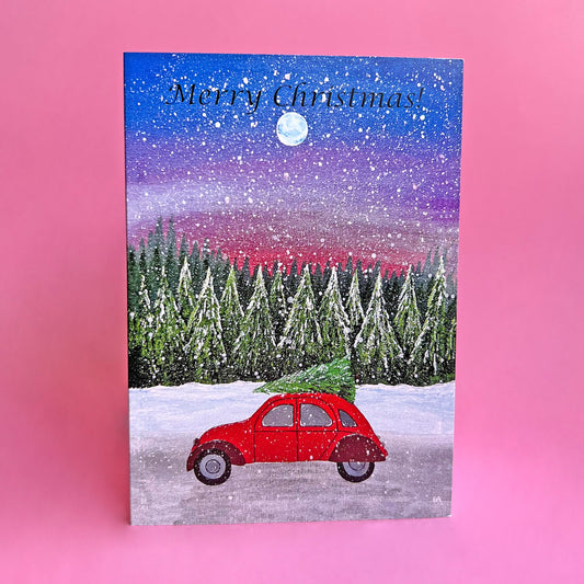 Red Car Christmas Card, Acrylic Painting Christmas Card