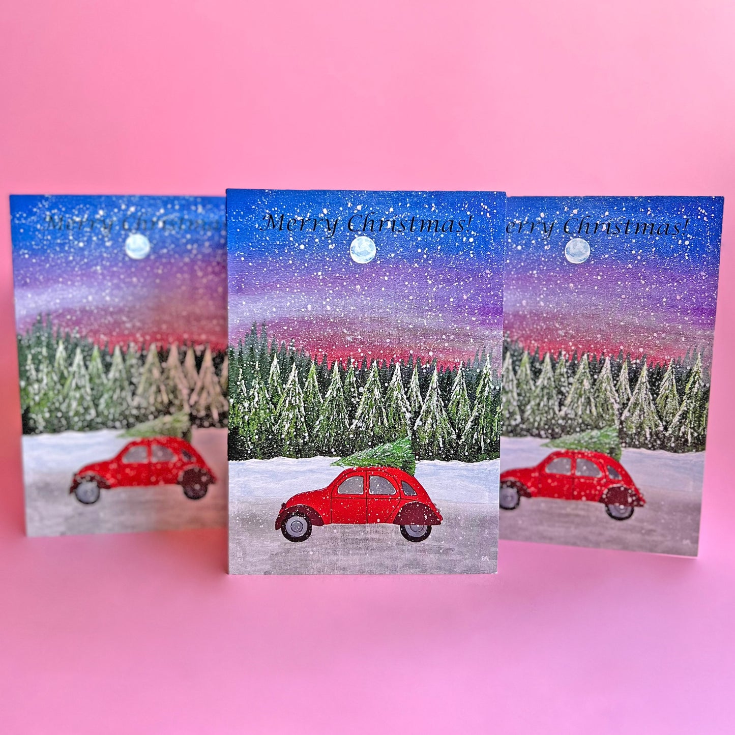 Red Car Christmas Card, Acrylic Painting Christmas Card