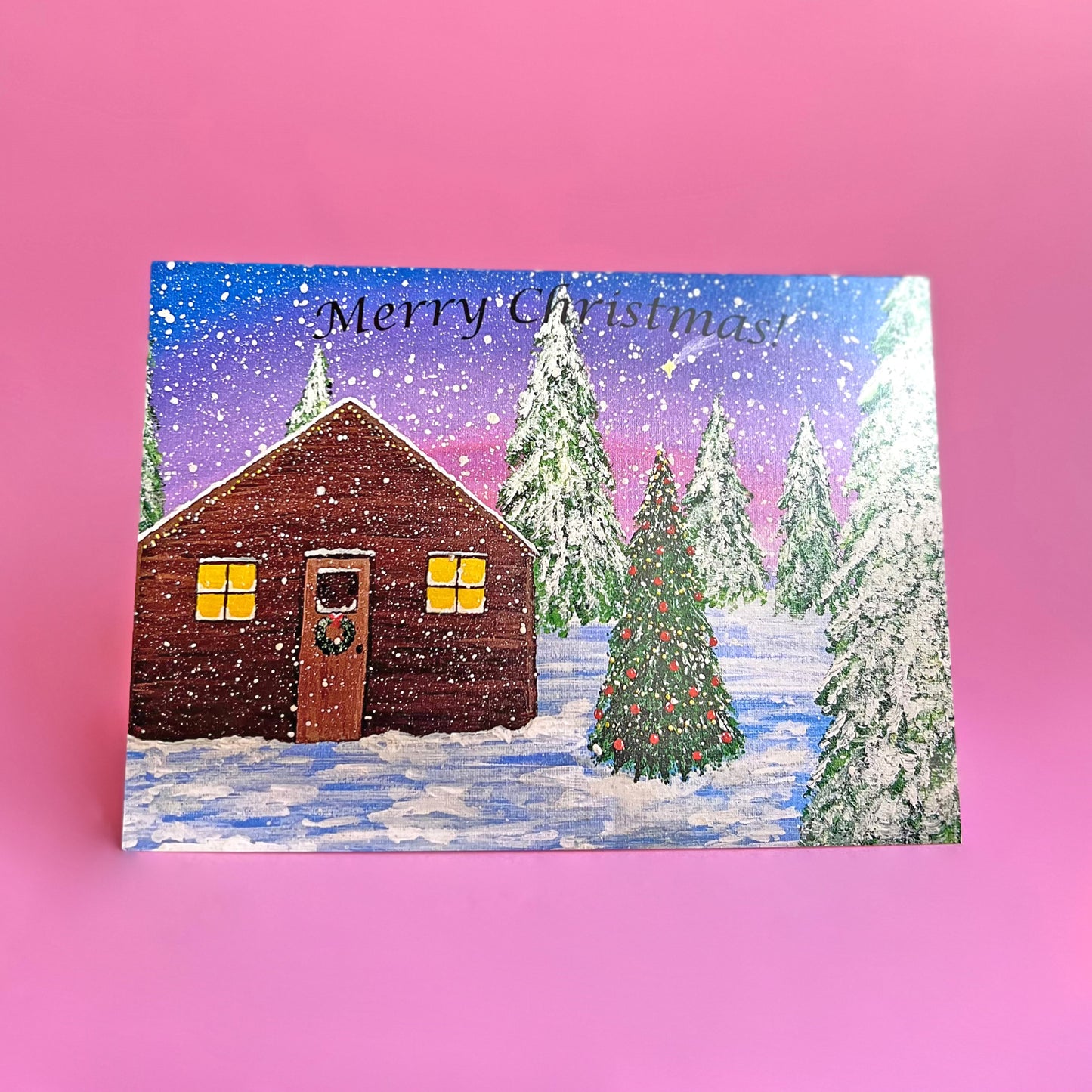 Christmas Cabin Card, Acrylic Painting Christmas Card