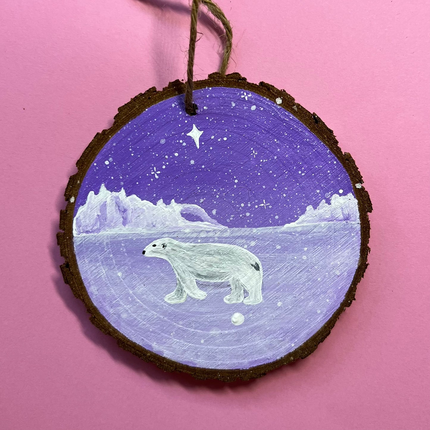 Polar Bear Christmas Decoration, Hanging Wood Slice