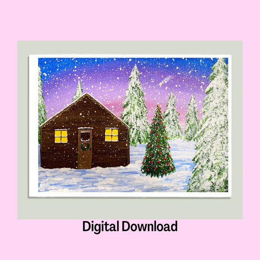 Christmas Cabin Art Print, Digital Download