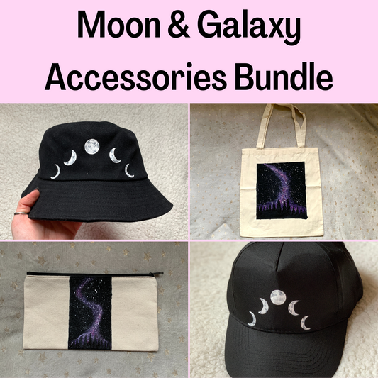 Moon & Galaxy Accessories Bundle, Hat, Cap, Tote Bag, & Pouch Gift Set