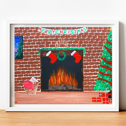 Christmas Fireplace Art Print, Christmas Wall Art