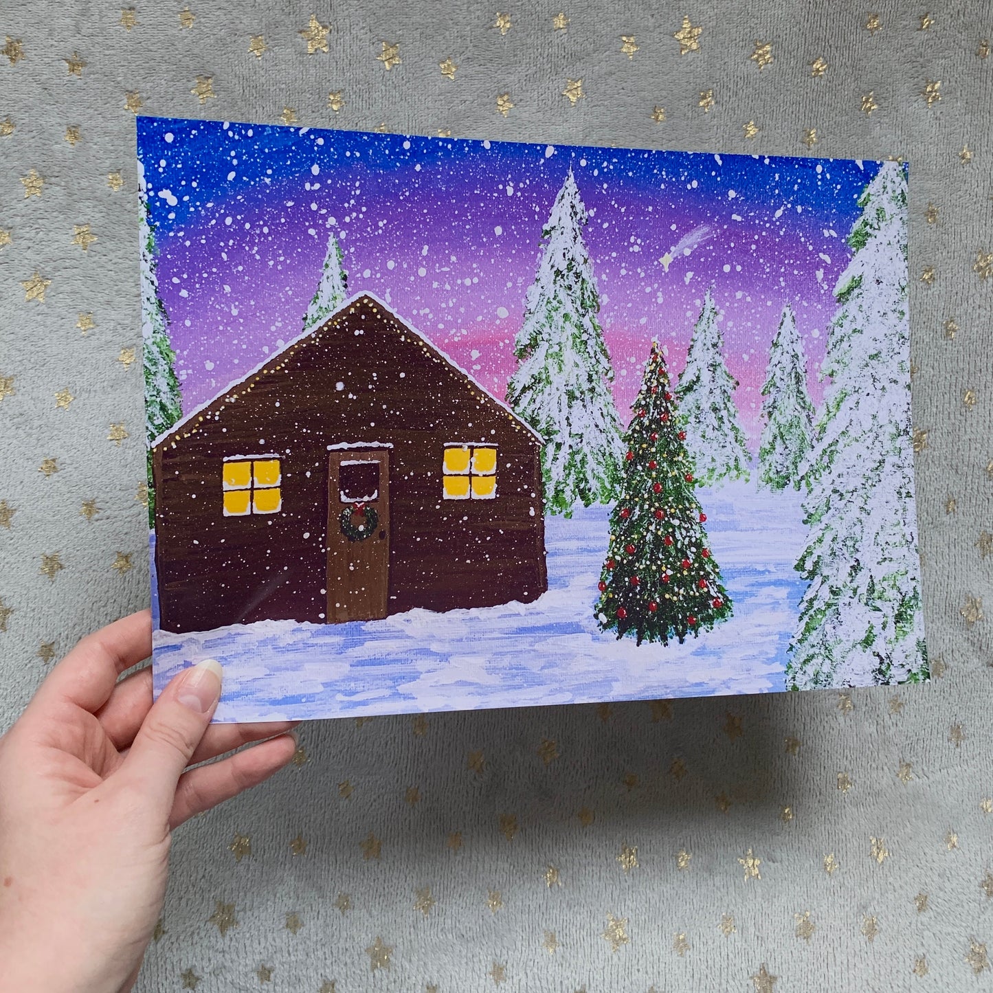 Christmas Cabin Art Print, Christmas Wall Art