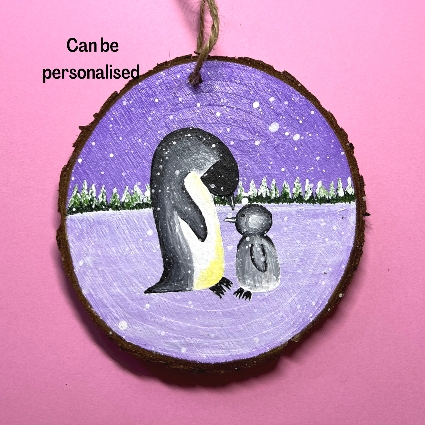 Penguin Christmas Decoration, Hanging Wood Slice
