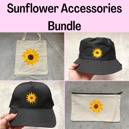 Sunflower Accessories Bundle, Bucket Hat, Tote Bag, Pouch & Baseball Cap
